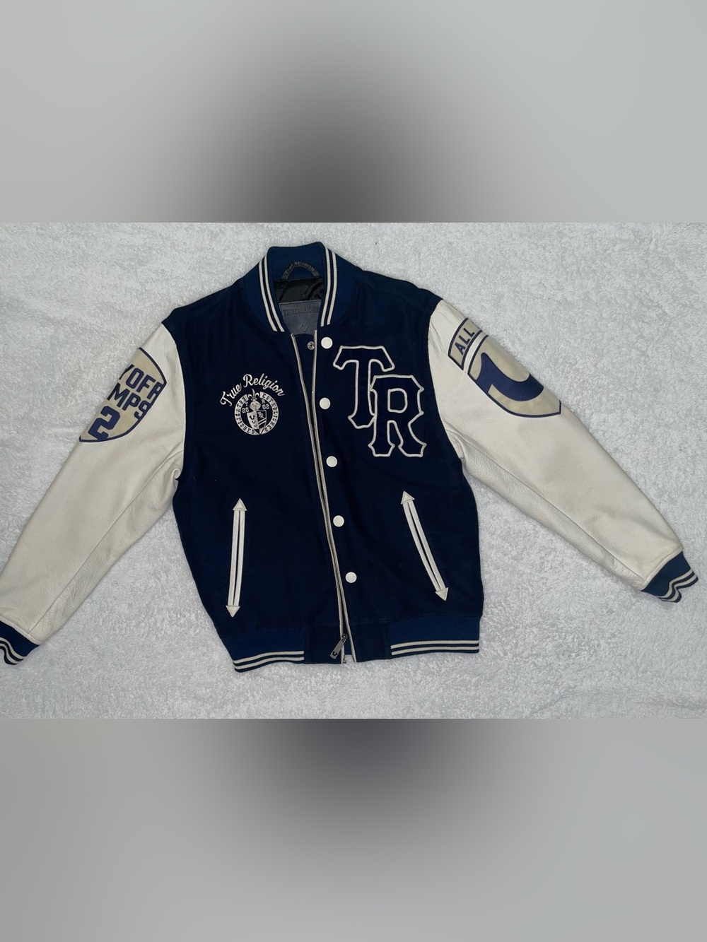 True Religion Navy and White Varsity Jacket with TR Crest